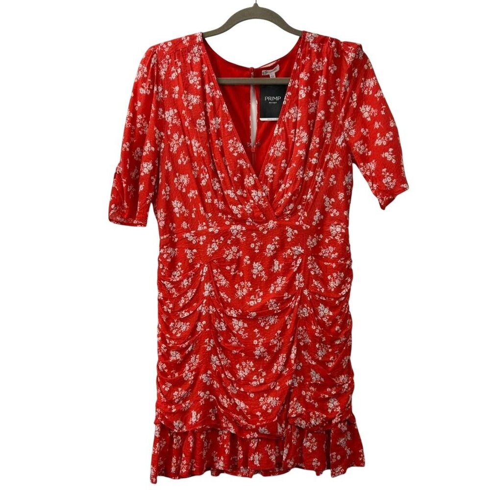 NWT En Creme Womens L 100% Rayon Mini Dress Ruffle Tiered Red White Dress V-Neck